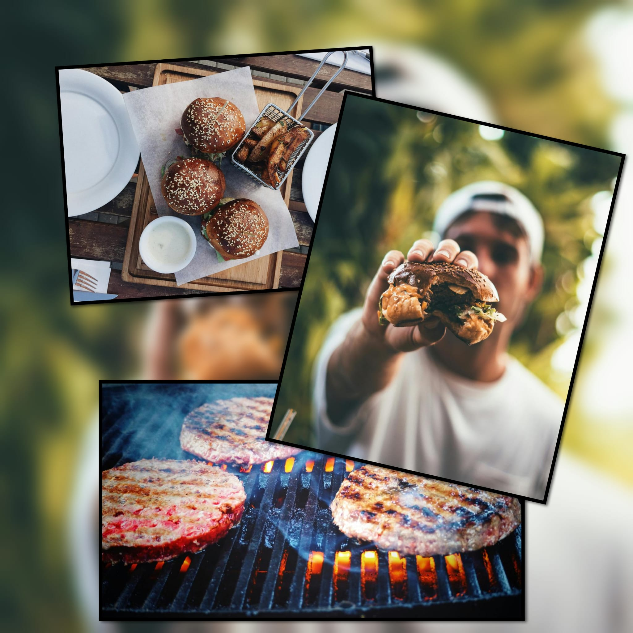 A collage of 3 pictures ilustrating burgers and burgers patties on the grill.
