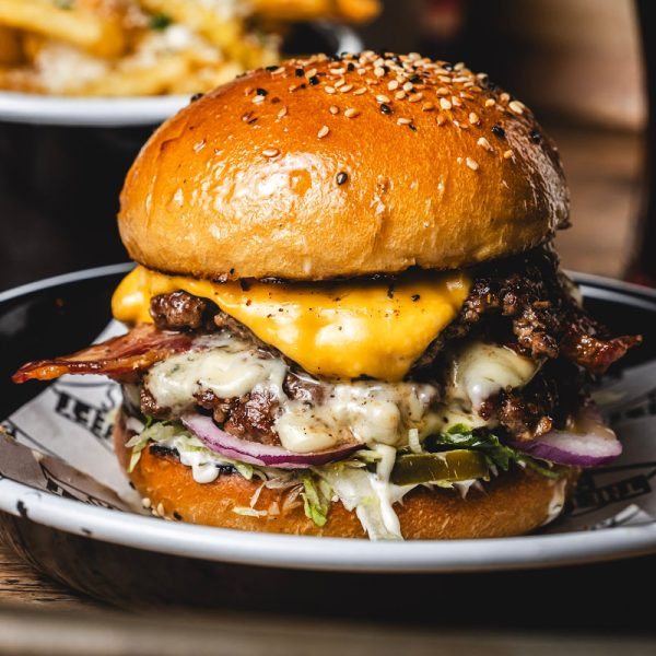 Blue DVDine Burger.